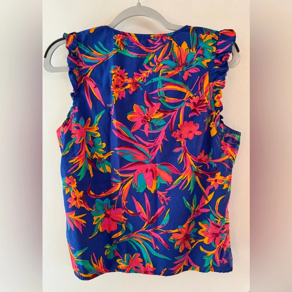J Crew Bright blue and pink Tropical Floral Ruffle Sleeve cotton Top - Medium